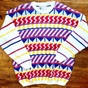 NOS Vintage 1990s White Organically Grown Multicolor Striped Knit Sweater Size L
